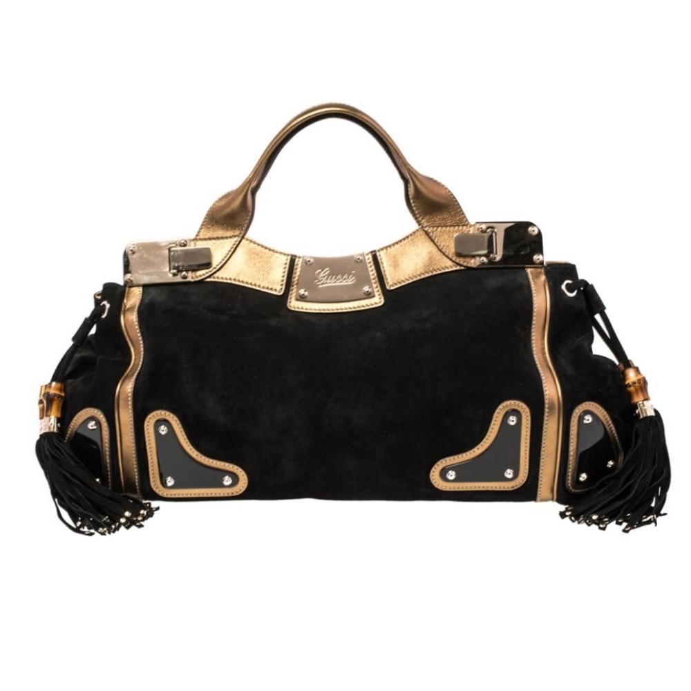 Black Gucci Suede Indy Bag w/ gold leather trim and handles